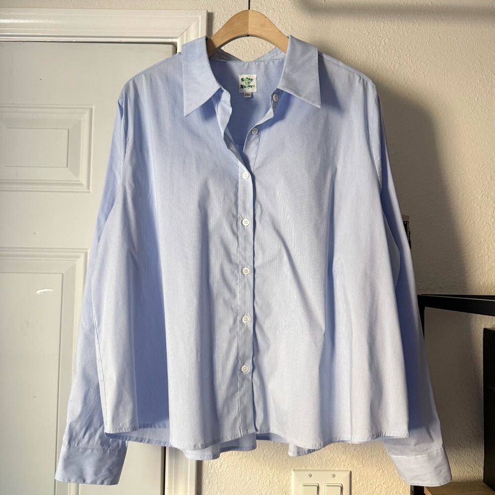 SHINY BY NATURE blue white striped cotton poplin long sleeve oversized button up